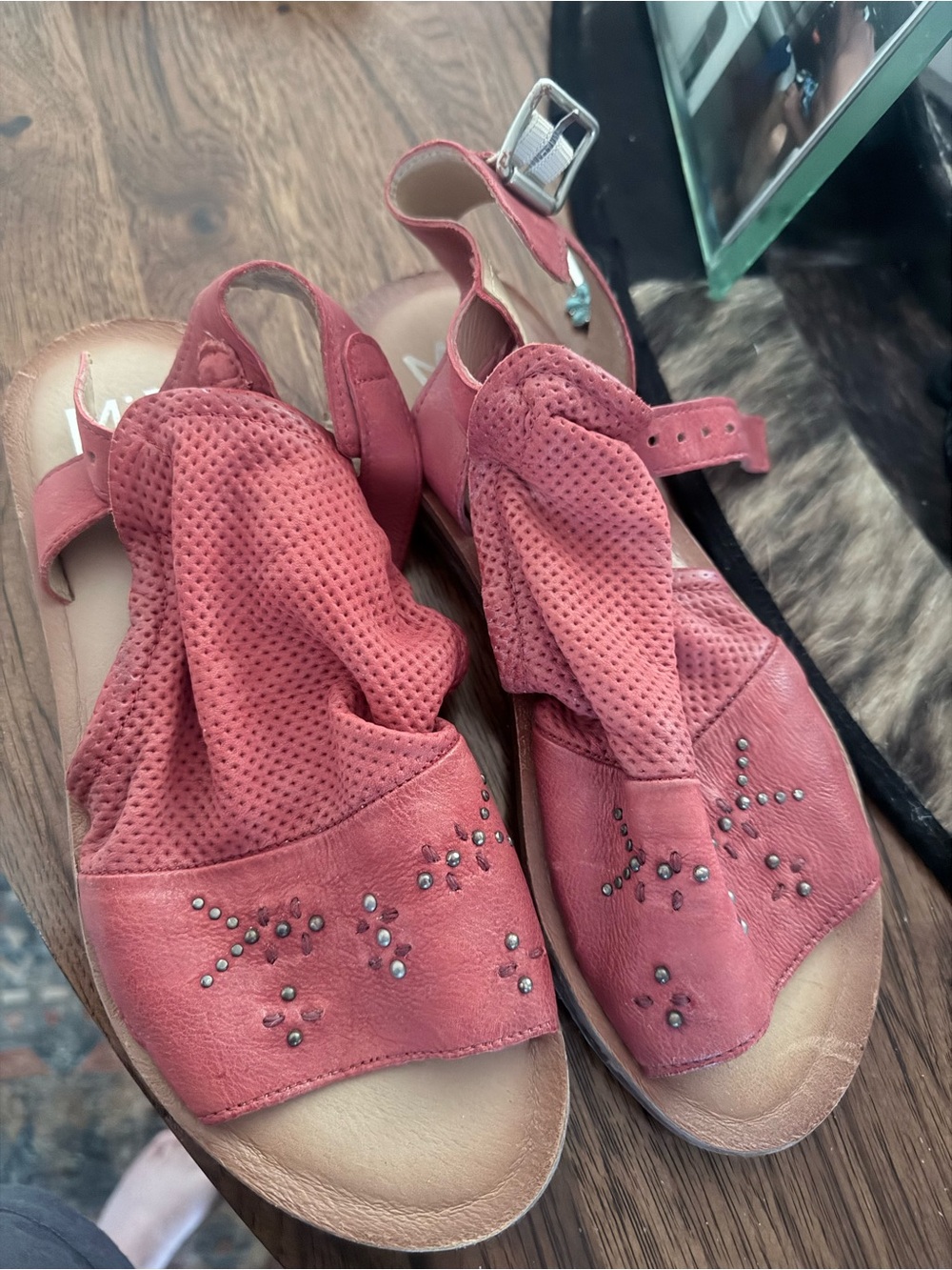 Miz Mooz Marnie Red Perforated Slingback Sandals with Stud Accents